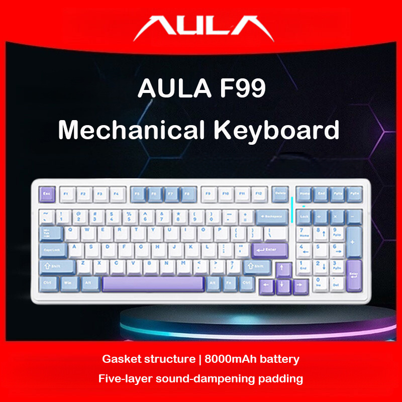 Pc Gaming Lounge - AULA F99 メカニカルキーボード。トリプルモード（2.4GHz、Bluetooth、有線）、ホットスワップ対応、PBTキーキャップ、ガスケット構造、RGBバックライト、99キー。ゲーマー向け。