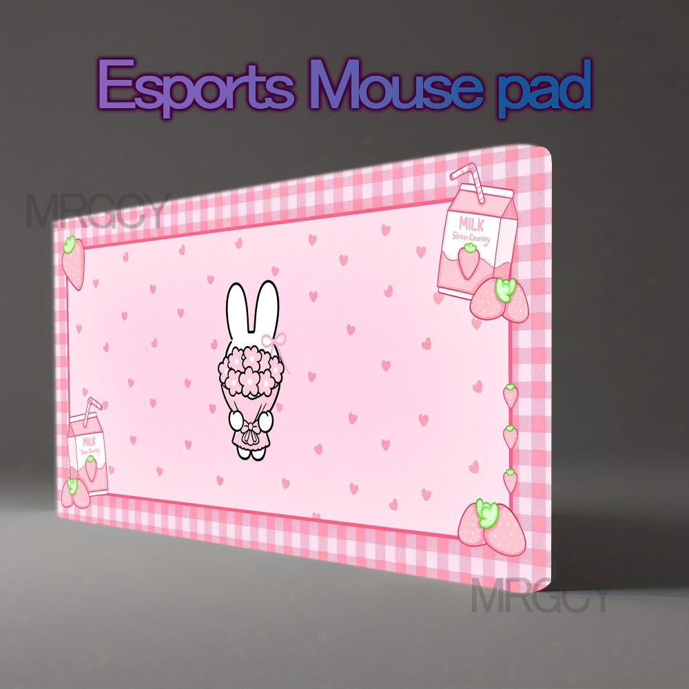 Pc Gaming Pink - ピンクのいちご柄、ミルク色のウサギ柄、チェック柄のゲーミング用大型マウスパッド、XXLサイズ、電子スポーツ用キーボードパッド、PCアクセサリー、ゴム製マット